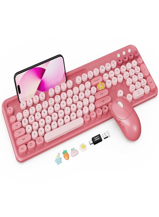 Trueque Wireless Keyboard and Mouse Combo with Phone/Tablet Holder, Cute Full-Size Typewriter-Style Keyboard, Retro Round Keycaps, 3-Level DPI Mouse, 2.4GHz Cordless Connection for Windows/PC/Laptop (Pink) - Image 1