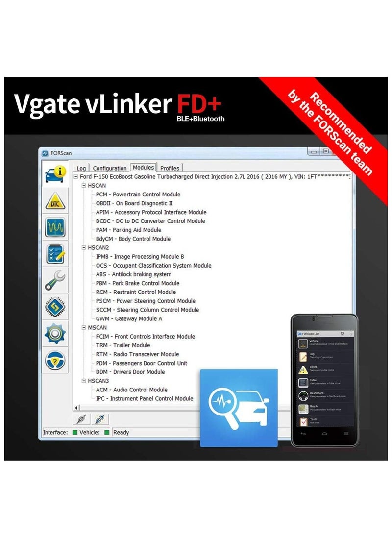 Vgate - Vgate VLinker FD+ OBD2 Bluetooth Scan Tool Diagnostic Code Reader For IOS Android And Windows  Made For FORScan - Image 1