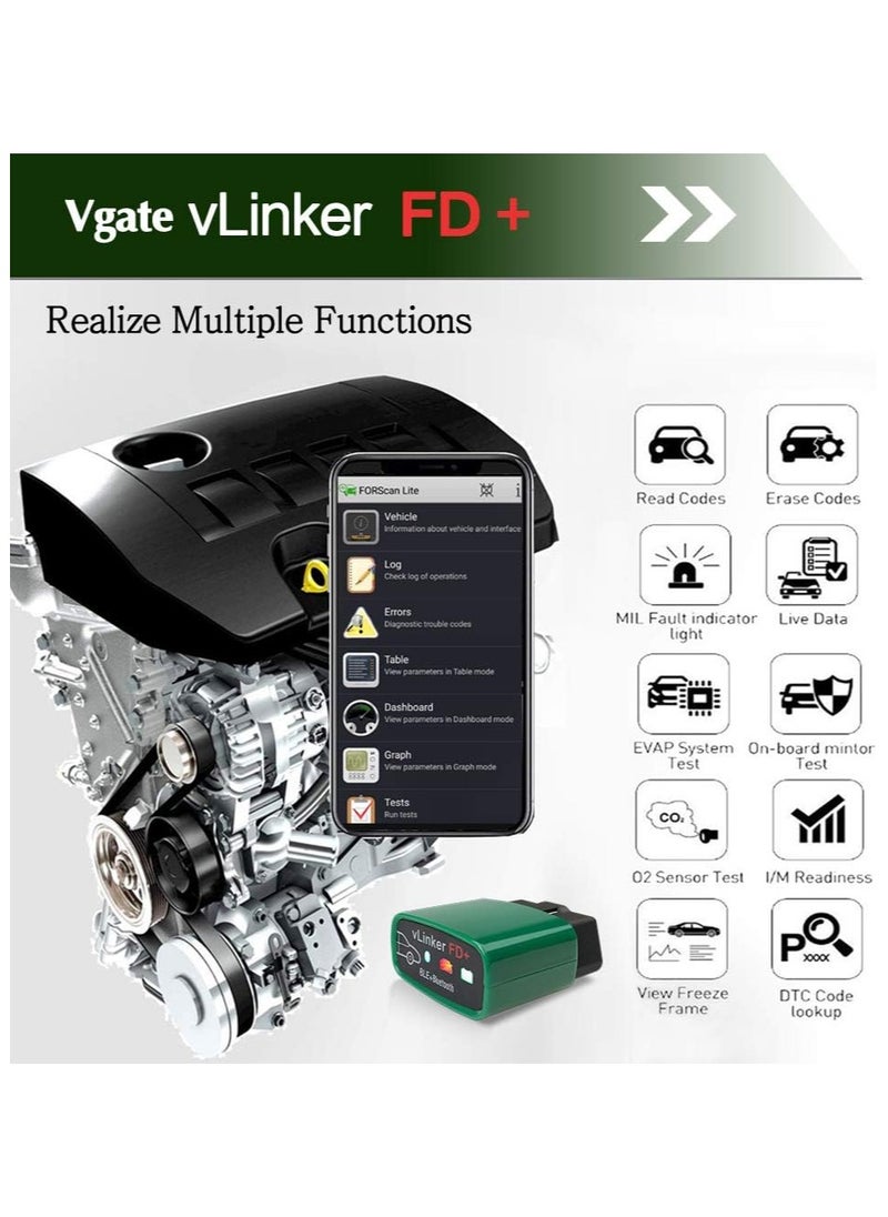 Vgate - Vgate VLinker FD+ OBD2 Bluetooth Scan Tool Diagnostic Code Reader For IOS Android And Windows  Made For FORScan - Image 1
