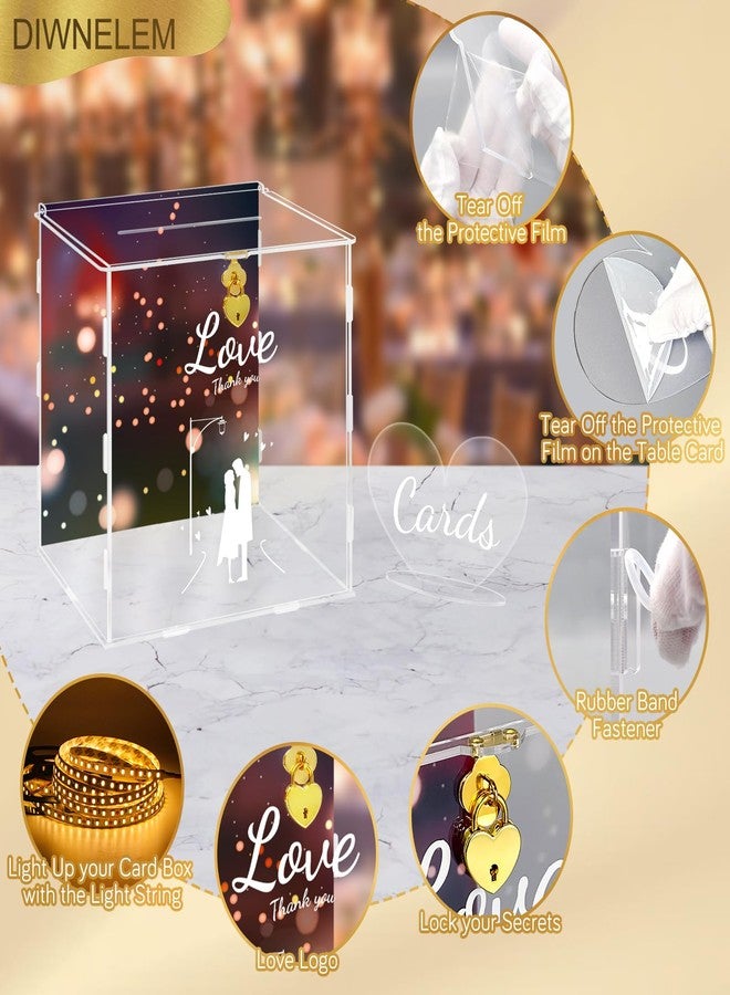 DIWNELEM صندوق بطاقات زفاف DIWNELEM مزود بقفل وإضاءة، صندوق كبير للأظرف والرسائل، صندوق هدايا زفاف، صندوق نقود لحفلات الاستقبال، حفلات استقبال المولود، حفلات أعياد الميلاد، حفلات التخرج، ديكورات - Image 3