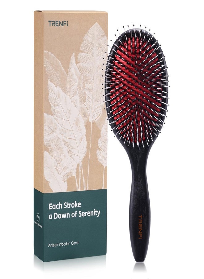 TRENFi Boar Bristle Hair Brush — Red Oak Wood Oval Cushion Brush for Thick Curly Hair, Detangling and Smoothing Frizz with Nylon Pins, Women and Men (9.45 in) - Image 1