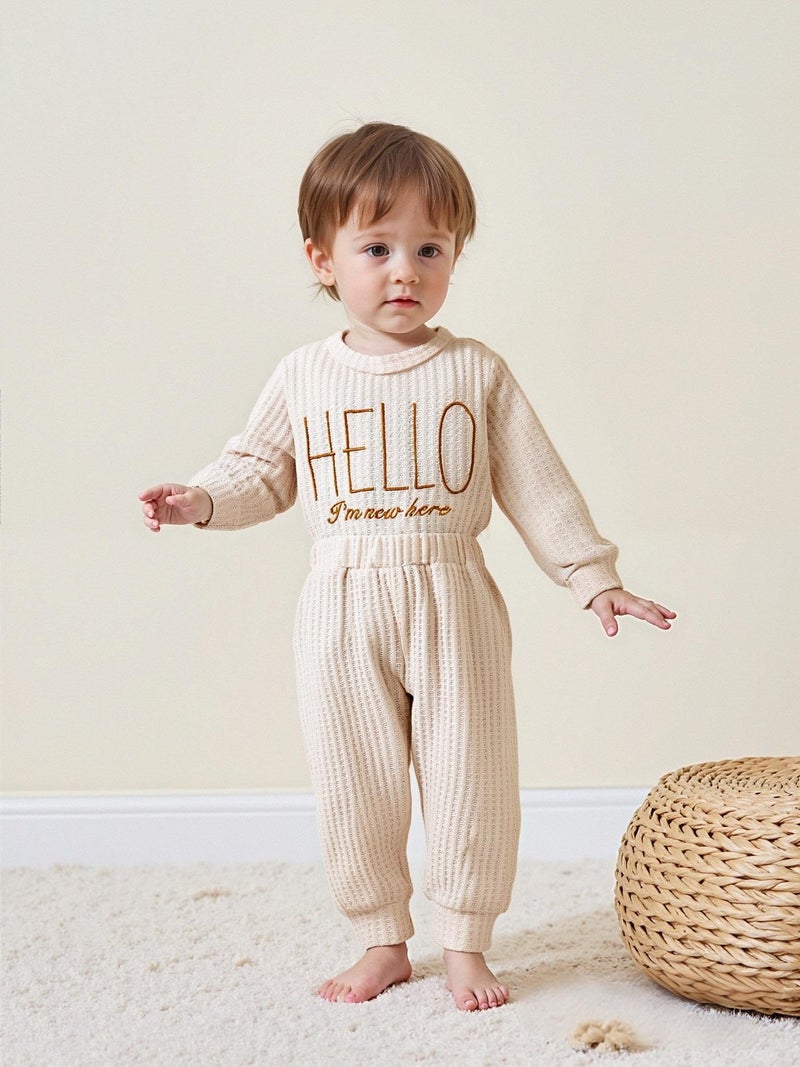 Renotemy Infant 3-6 Month Boy Clothes Coming Home Outfits Baptism Shower Gifts for Boys Newborn Essentials Outfit I'm New Here Long Sleeve Baby Fall Winter Clothing Khaki Romper+Pants+Hat - Image 2