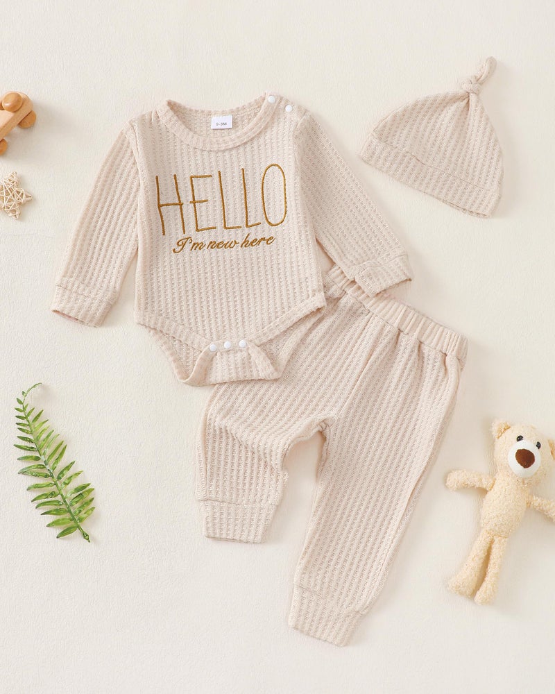 Renotemy Infant 3-6 Month Boy Clothes Coming Home Outfits Baptism Shower Gifts for Boys Newborn Essentials Outfit I'm New Here Long Sleeve Baby Fall Winter Clothing Khaki Romper+Pants+Hat - Image 3