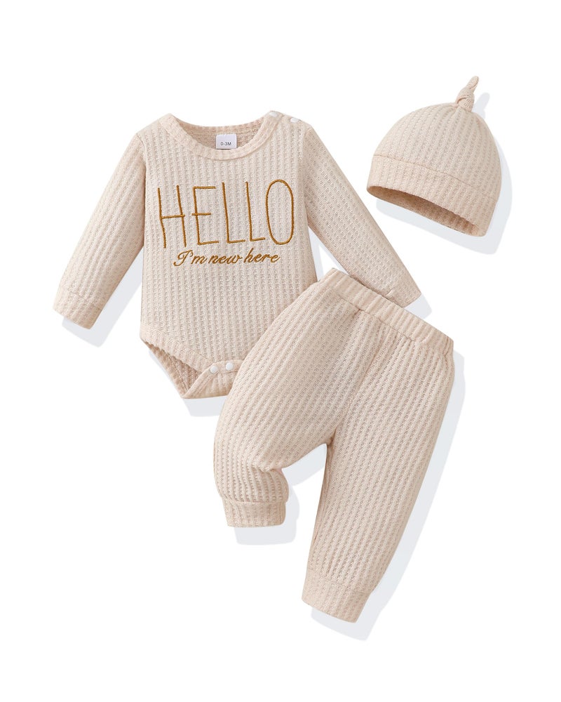 Renotemy Infant 3-6 Month Boy Clothes Coming Home Outfits Baptism Shower Gifts for Boys Newborn Essentials Outfit I'm New Here Long Sleeve Baby Fall Winter Clothing Khaki Romper+Pants+Hat - Image 1