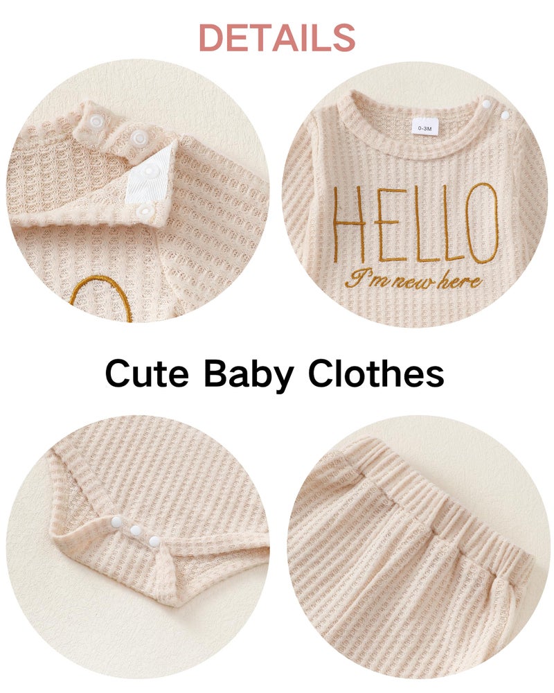 Renotemy Infant 3-6 Month Boy Clothes Coming Home Outfits Baptism Shower Gifts for Boys Newborn Essentials Outfit I'm New Here Long Sleeve Baby Fall Winter Clothing Khaki Romper+Pants+Hat - Image 5