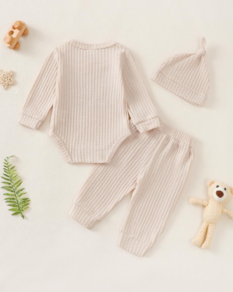 Renotemy Infant 3-6 Month Boy Clothes Coming Home Outfits Baptism Shower Gifts for Boys Newborn Essentials Outfit I'm New Here Long Sleeve Baby Fall Winter Clothing Khaki Romper+Pants+Hat - Image 4