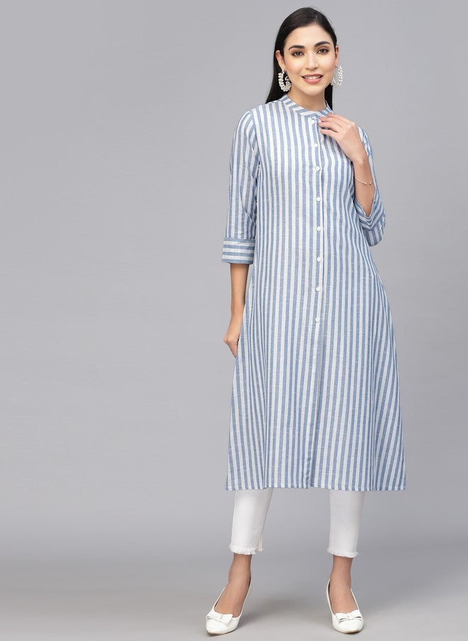 LARGISH Striped Mandarin Collar Pure Cotton Straight Kurta in Off White and Blue - Image 1