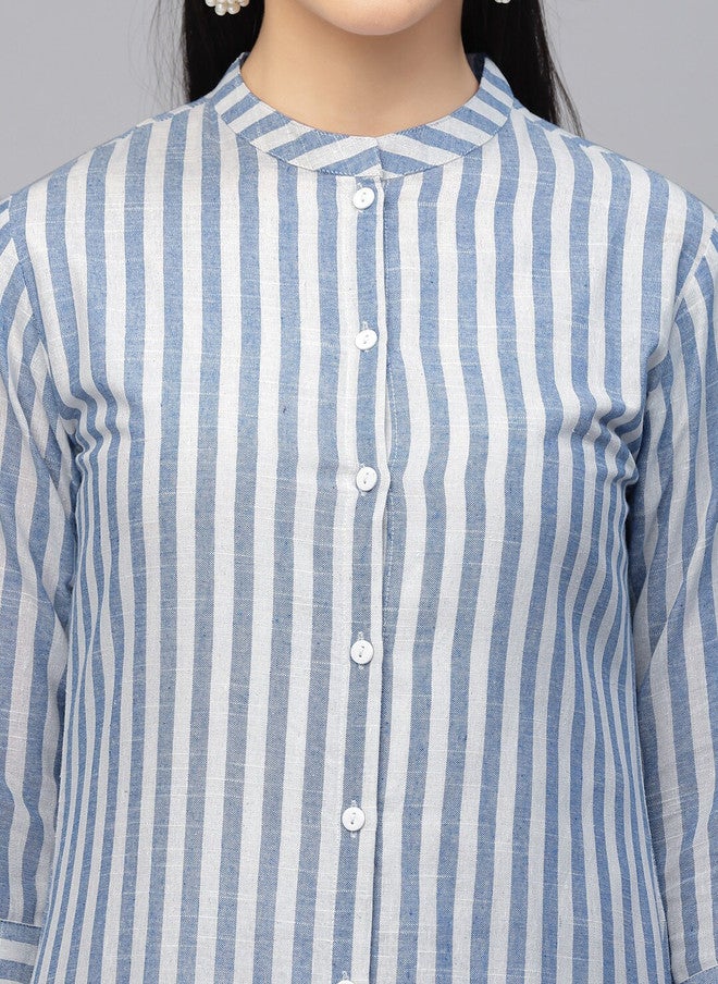 LARGISH Striped Mandarin Collar Pure Cotton Straight Kurta in Off White and Blue - Image 2