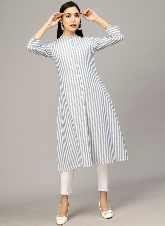 LARGISH Striped Mandarin Collar Pure Cotton Straight Kurta in Off White and Blue - Image 5