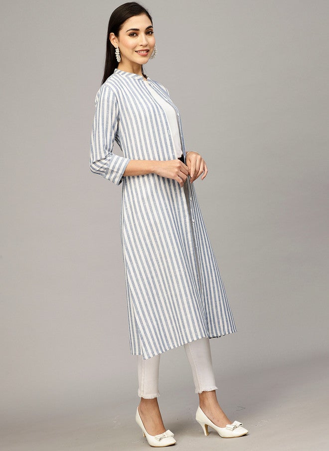 LARGISH Striped Mandarin Collar Pure Cotton Straight Kurta in Off White and Blue - Image 3
