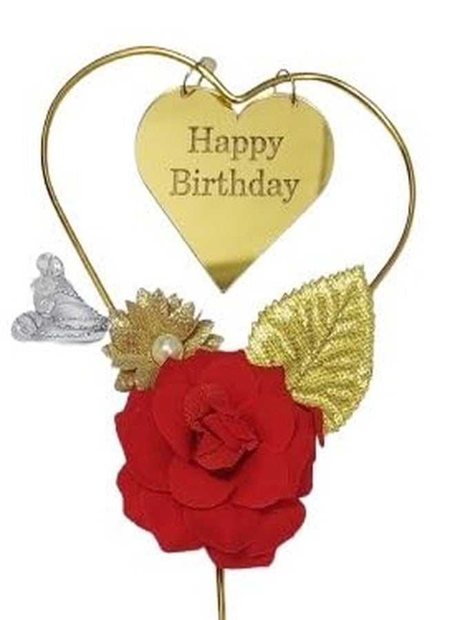 MOREL BIG HAPPY BIRTHDAY CAKE TOPPER WITH HEART SHAPE (GOLDEN) AND ROSE FLOWER (RED) FOR KIDS, ADULTS BIRTHDAY DECORATION PARTY. PACK 1 - Image 3