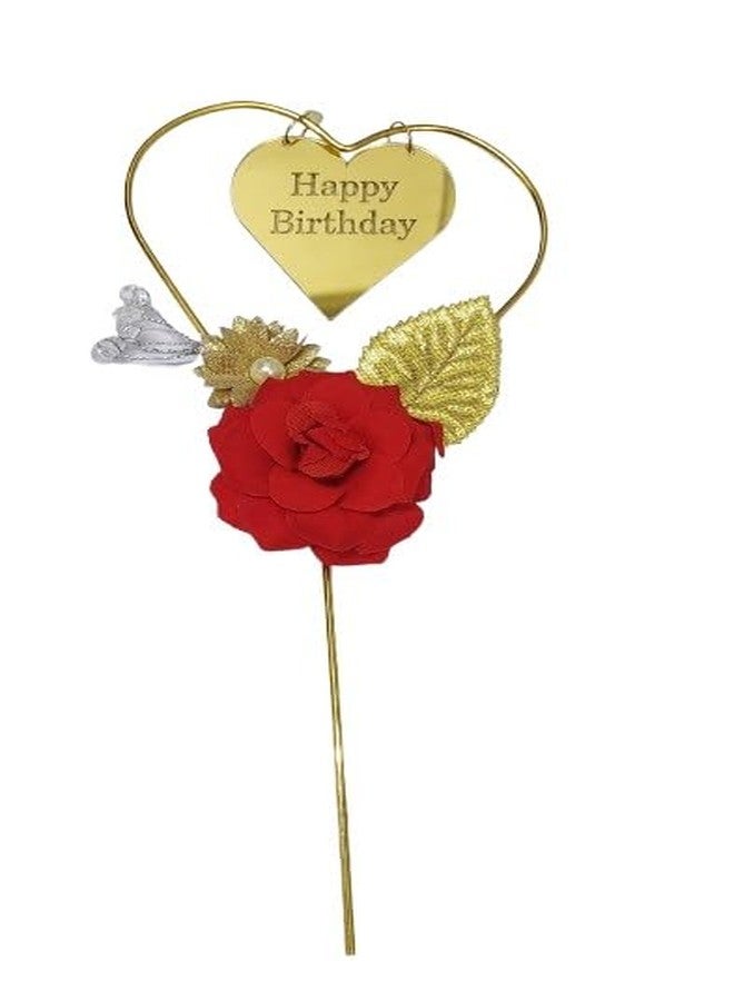 MOREL BIG HAPPY BIRTHDAY CAKE TOPPER WITH HEART SHAPE (GOLDEN) AND ROSE FLOWER (RED) FOR KIDS, ADULTS BIRTHDAY DECORATION PARTY. PACK 1 - Image 1