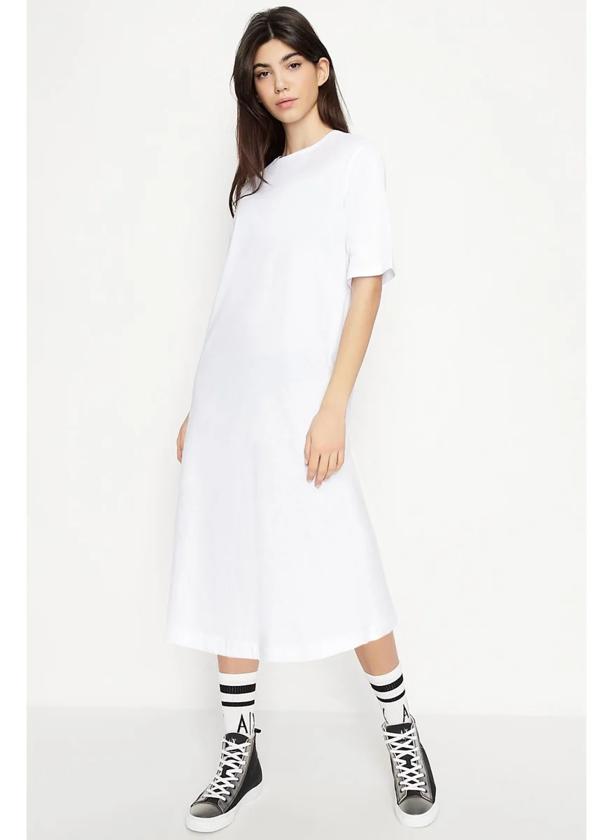Rock&Roll Plain, Unprinted White Crew Neck Short Sleeve Combed Cotton Long Dress