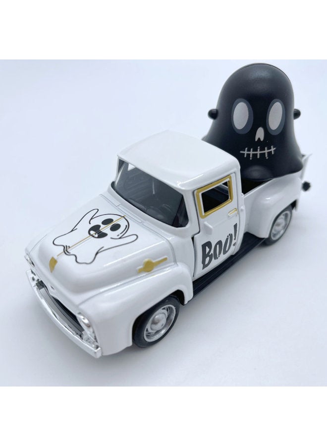 Loquat Alloy Car Model Alloy Back Car Toy Retro Pickup  Toy Craft Ornaments Back Car Ghost Festival-color:White Car + Black Ghost Head - Image 1