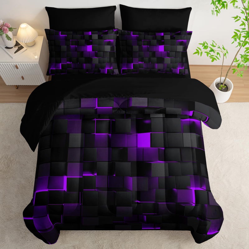 Nttopship Geometric Violet Black Twin Comforter Set,Light Honeycomb Bedding Set 7 Piece in A Bag,Bed Sheet Set Geometry Decor,Microfiber Lightweight All Season - Image 4