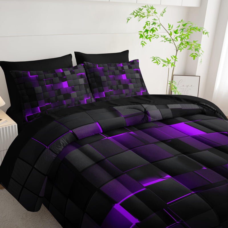 Nttopship Geometric Violet Black Twin Comforter Set,Light Honeycomb Bedding Set 7 Piece in A Bag,Bed Sheet Set Geometry Decor,Microfiber Lightweight All Season - Image 3