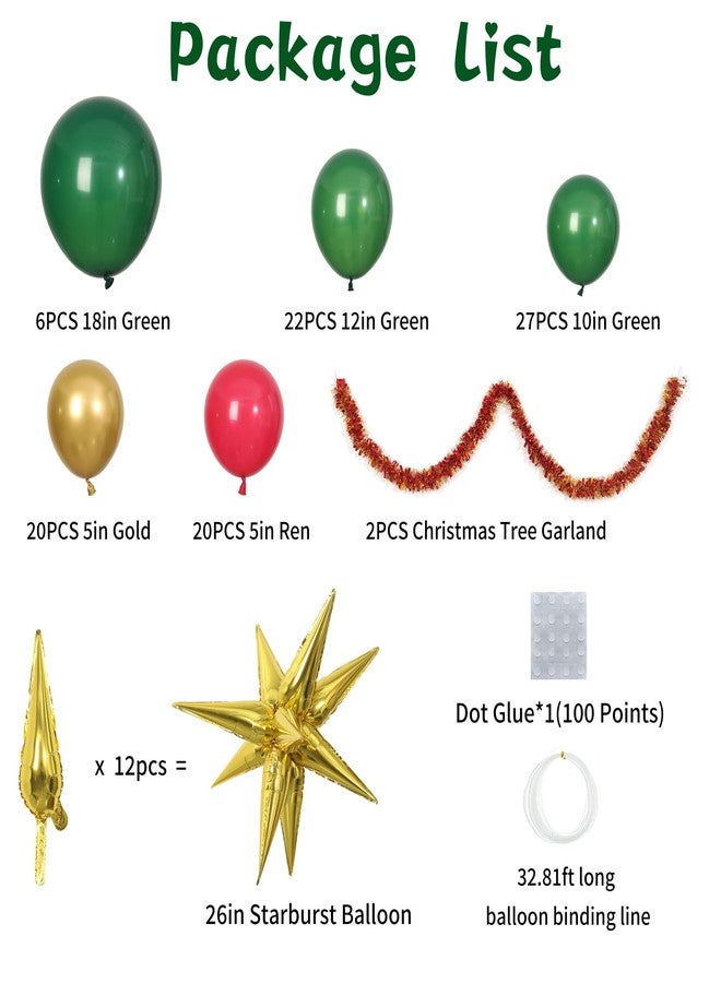 كيرين طقم قوس بالونات شجرة عيد الميلاد، مستلزمات زينة حفلات عيد الميلاد، طقم شجرة عيد الميلاد بالبالونات مع بالونات ذهبية وحمراء وخضراء، إكليل زينة - Image 2