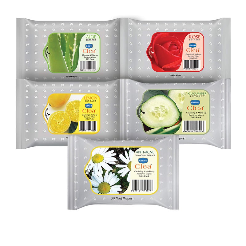 GINNI CLEA Cleansing & Makeup Remover Wet Wipes | Hydrating & Moisturizing for Face | Rose, Lemon, Aloe Vera, Cucumber, Anti-Acne | Effortlessly Removes Makeup | Pack of 5 (30 Wipes Each) - Image 5
