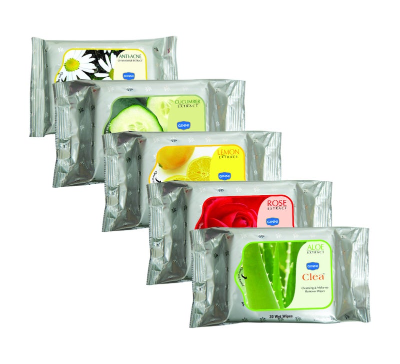 GINNI CLEA Cleansing & Makeup Remover Wet Wipes | Hydrating & Moisturizing for Face | Rose, Lemon, Aloe Vera, Cucumber, Anti-Acne | Effortlessly Removes Makeup | Pack of 5 (30 Wipes Each) - Image 2