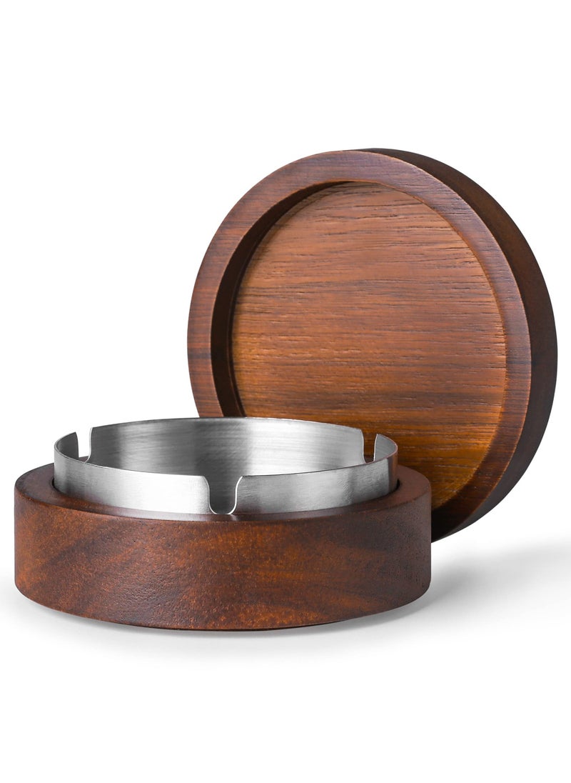 NajmStyle Wooden ashtray, portable circular ashtray with lid, stainless steel inner box, windproof and odorproof, rotatable, suitable for indoor and outdoor, terrace, office and home, 11.5 * 11.5 * 5cm  - Image 1