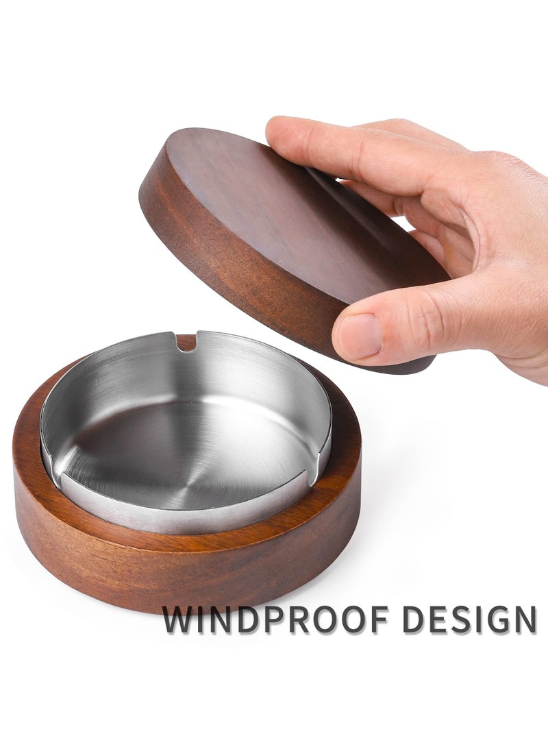 NajmStyle Wooden ashtray, portable circular ashtray with lid, stainless steel inner box, windproof and odorproof, rotatable, suitable for indoor and outdoor, terrace, office and home, 11.5 * 11.5 * 5cm  - Image 3