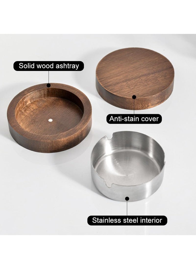 NajmStyle - Wooden ashtray, portable circular ashtray with lid, stainless steel inner box, windproof and odorproof, rotatable, suitable for indoor and outdoor, terrace, office and home, 11.5 * 11.5 * 5cm - Image 1