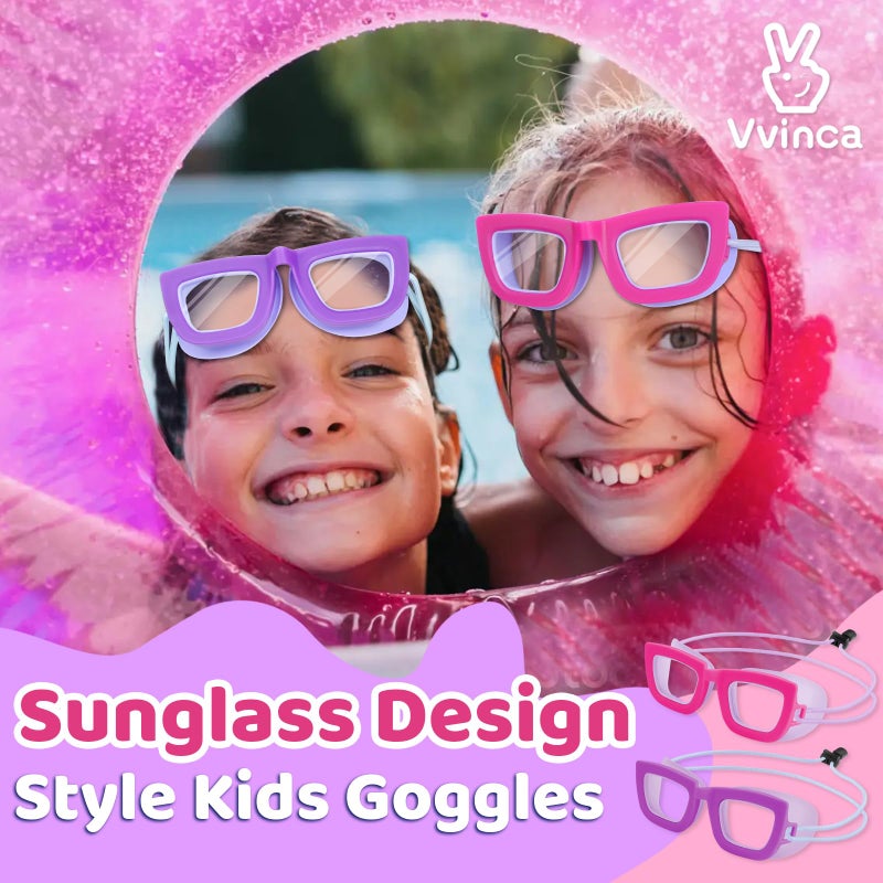 Vvinca Kids Swim Goggles, 2 Packs Toddlers Swimming Goggles Bungee Strap No Hair Pulling Anti-Fog UV Protection Leak-Proof Sunglasses Design Swim Glasses Pool Goggles for Ages 3-10 Boys Girls Gift - Image 2