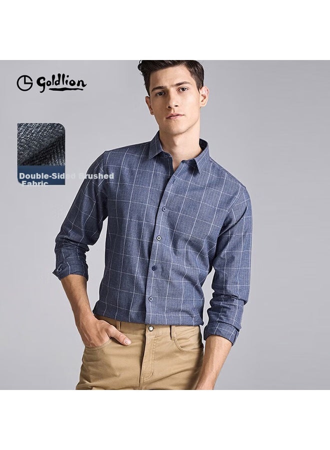 Goldlion Men's Pure Cotton Brushed Fashion Plaid Business Casual Long Sleeve Shirt Medium Blue Plaid 3XL - Image 1