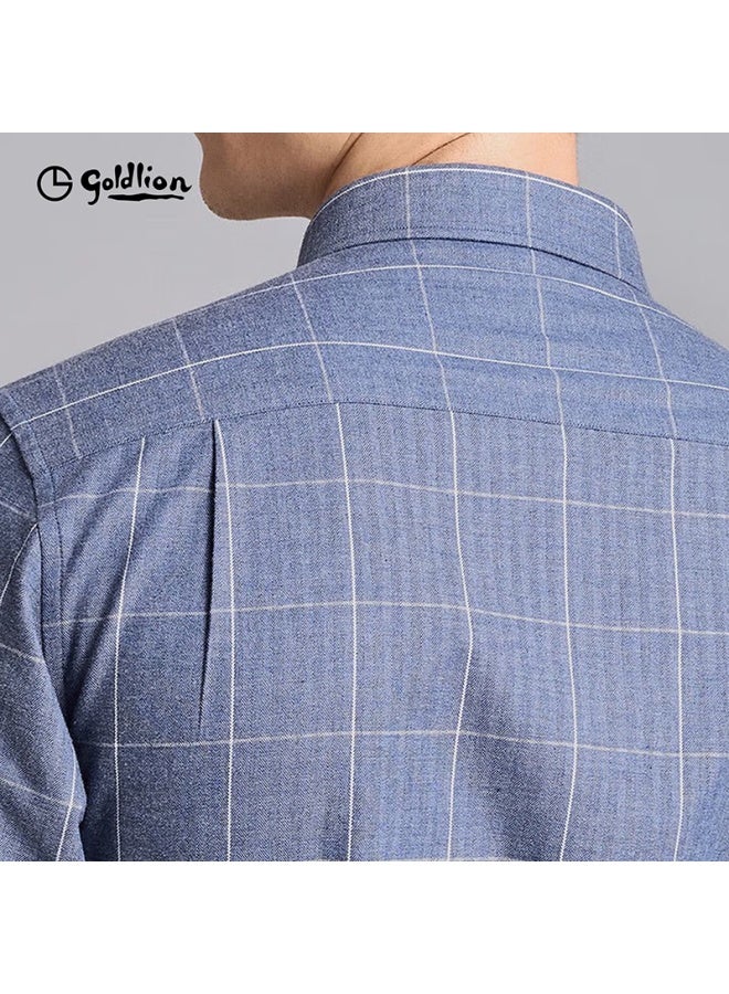 Goldlion Men's Pure Cotton Brushed Fashion Plaid Business Casual Long Sleeve Shirt Medium Blue Plaid 3XL - Image 4