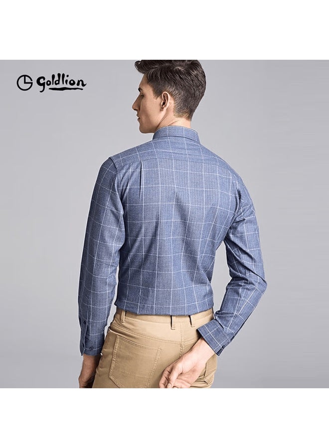 Goldlion Men's Pure Cotton Brushed Fashion Plaid Business Casual Long Sleeve Shirt Medium Blue Plaid 3XL - Image 2
