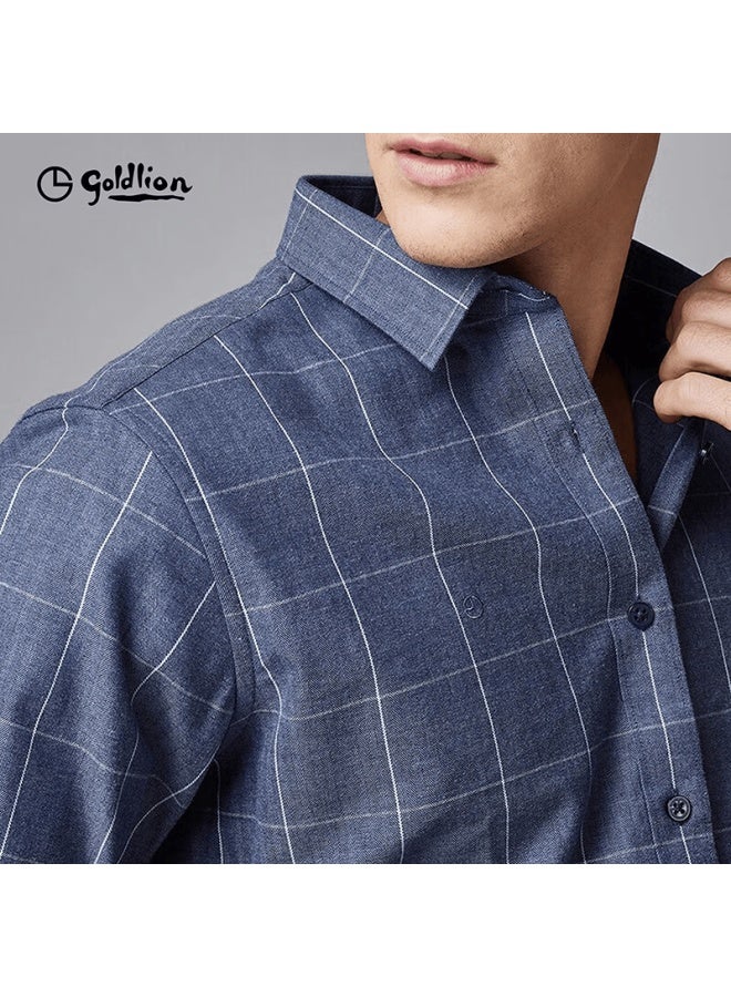Goldlion Men's Pure Cotton Brushed Fashion Plaid Business Casual Long Sleeve Shirt Medium Blue Plaid 3XL - Image 3