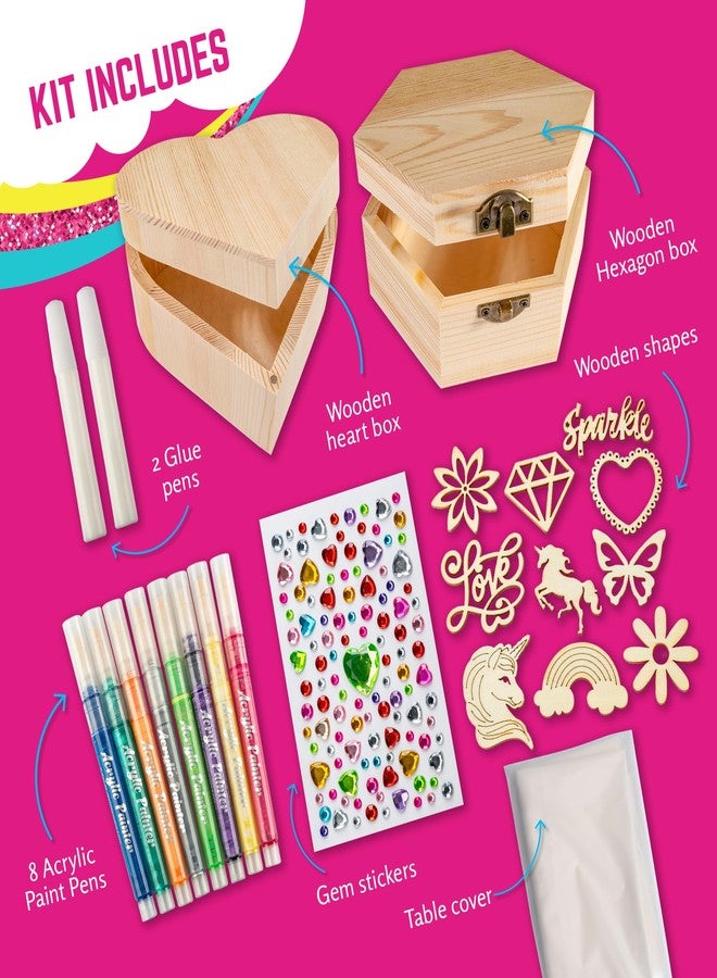 GirlZone Jewelry & Treasure Box, DIY Jewelry Box, DIY Craft for Kids Include Wooden Boxes, Shapes, Acrylic Paint Pens, Gem Stickers & Table Cover, Ideal Painting Crafts for Girls, Valentine Gifts - Image 2
