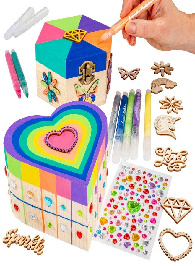 GirlZone Jewelry & Treasure Box, DIY Jewelry Box, DIY Craft for Kids Include Wooden Boxes, Shapes, Acrylic Paint Pens, Gem Stickers & Table Cover, Ideal Painting Crafts for Girls, Valentine Gifts - Image 1