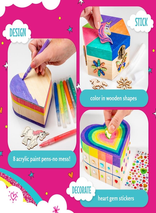 GirlZone Jewelry & Treasure Box, DIY Jewelry Box, DIY Craft for Kids Include Wooden Boxes, Shapes, Acrylic Paint Pens, Gem Stickers & Table Cover, Ideal Painting Crafts for Girls, Valentine Gifts - Image 3