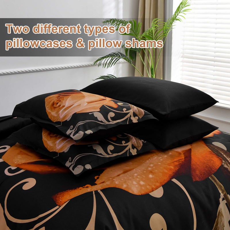 Xruibed Floral Comforter Set King 7 Piece Bed in a Bag Orange Rose Flower Comforter with Sheet Set Soft Micorfiber Bedding Set (1 Comforter,2 Pillow Shams,1 Flat Sheet,1 Fitted Sheet,2 Pillowcases) - Image 5