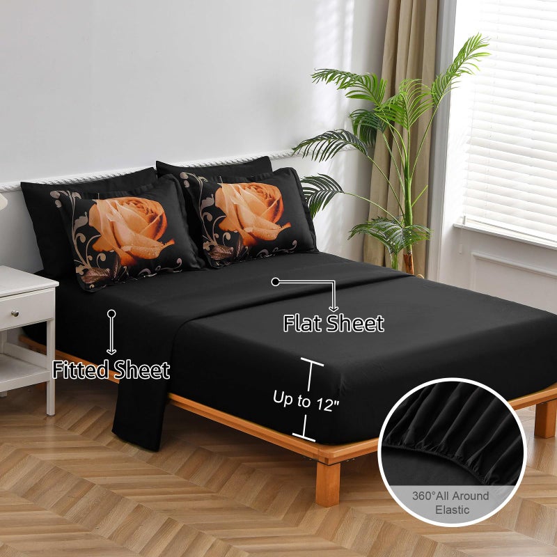 Xruibed Floral Comforter Set King 7 Piece Bed in a Bag Orange Rose Flower Comforter with Sheet Set Soft Micorfiber Bedding Set (1 Comforter,2 Pillow Shams,1 Flat Sheet,1 Fitted Sheet,2 Pillowcases) - Image 3