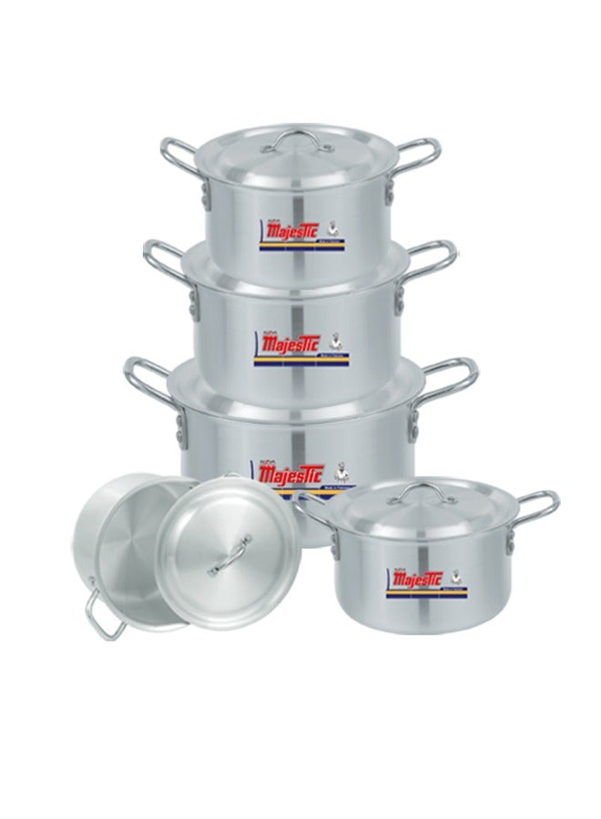 Majestic HOM 6x10 Aluminium Cookware Set – 5 Pcs Extra Large Stock Pots with Lids, Sizes 30-41 cm (12.5-29.5 Ltr), Ideal for Commercial Cooking & Large Meal Prep, Heavy Gauge, Durable Construction