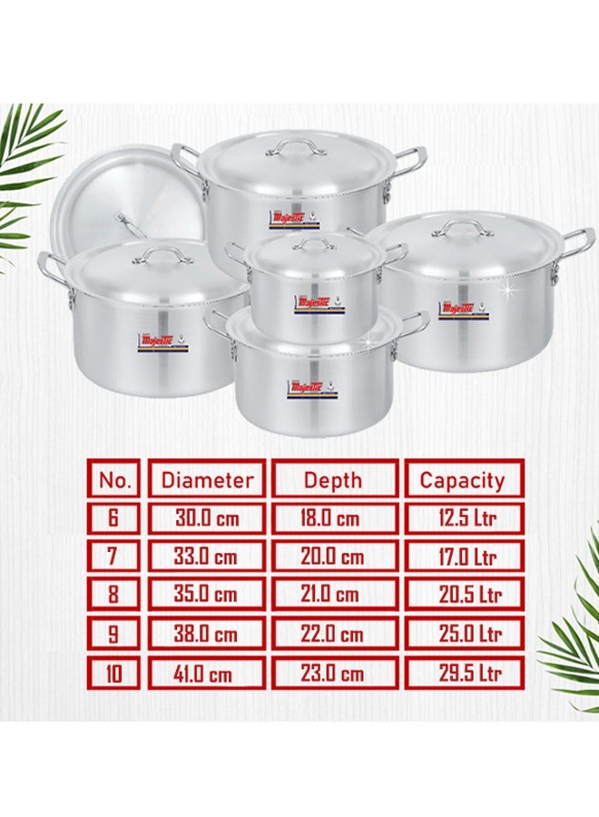 Majestic HOM 6x10 Aluminium Cookware Set – 5 Pcs Extra Large Stock Pots with Lids, Sizes 30-41 cm (12.5-29.5 Ltr), Ideal for Commercial Cooking & Large Meal Prep, Heavy Gauge, Durable Construction