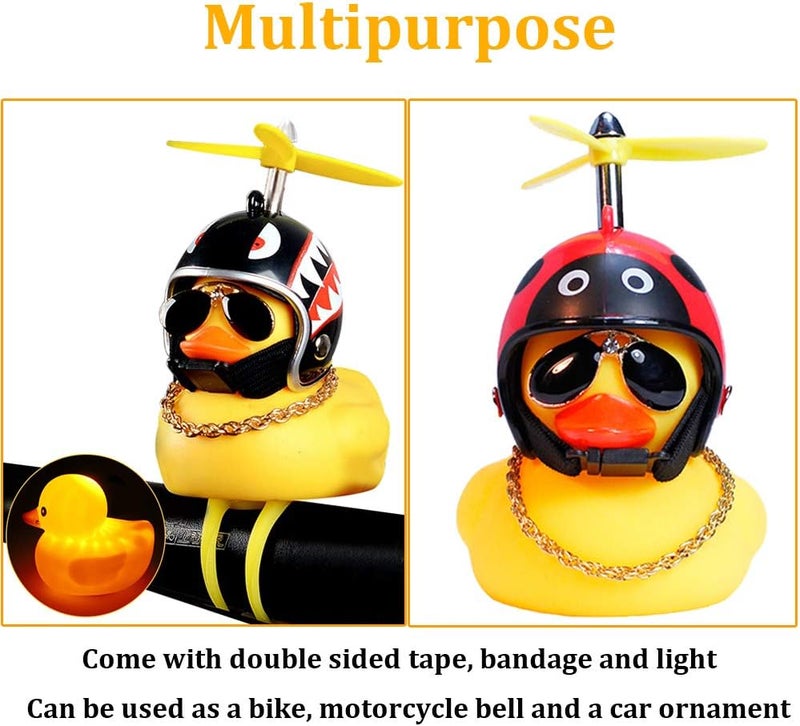 wonuu Rubber Duck Car Ornaments, 2Pcs Yellow Duck Car Dashboard Decorations Squeeze Duck Bicycle Horns with Propeller Helmet - Image 2