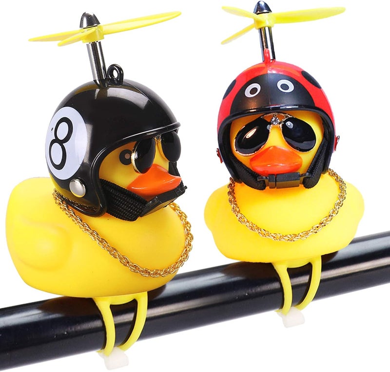 wonuu Rubber Duck Car Ornaments, 2Pcs Yellow Duck Car Dashboard Decorations Squeeze Duck Bicycle Horns with Propeller Helmet - Image 1