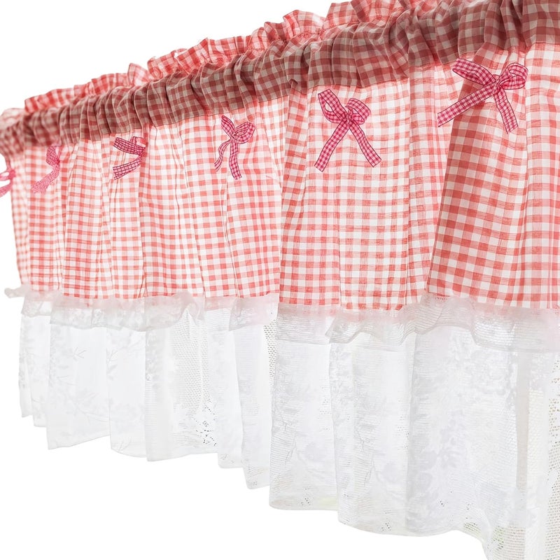 Buffalo Check Valance with Lace Trim, Plaid Valance for Curtain, Short Window Curtain with Bowknot and Ruffle, Gingham Curtain for Cafe Kitchen Outdoor Bathroom Restaurant, 42 X 18 in - Image 1