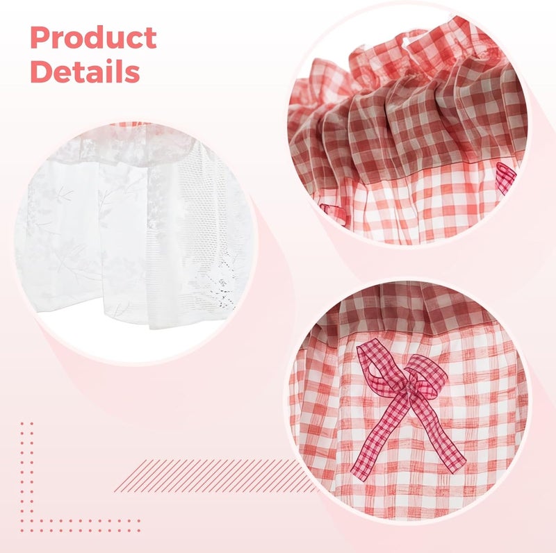 Buffalo Check Valance with Lace Trim, Plaid Valance for Curtain, Short Window Curtain with Bowknot and Ruffle, Gingham Curtain for Cafe Kitchen Outdoor Bathroom Restaurant, 42 X 18 in - Image 2
