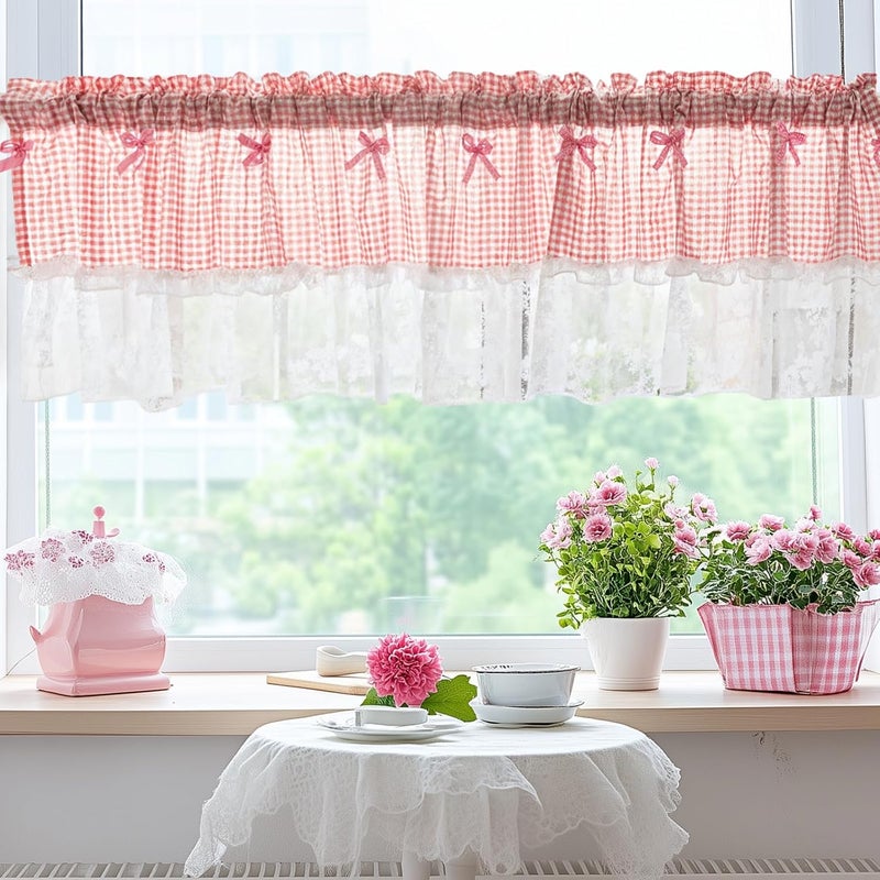 Buffalo Check Valance with Lace Trim, Plaid Valance for Curtain, Short Window Curtain with Bowknot and Ruffle, Gingham Curtain for Cafe Kitchen Outdoor Bathroom Restaurant, 42 X 18 in - Image 3