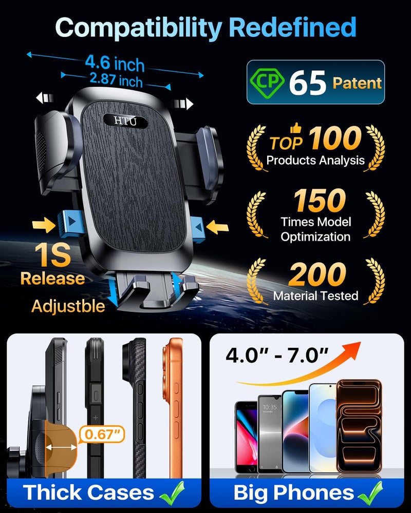 HTU ã€98+LBS Strongest Suction & Military-Gradeã€‘ Ultimate Car Phone Mountã€Patent & Safety Certsã€‘ Cell Phone Holder Truck Stand for Dashboard Windshield Vent for iPhone 17 Pro Max 16 15 Samsung (Black) - Image 4