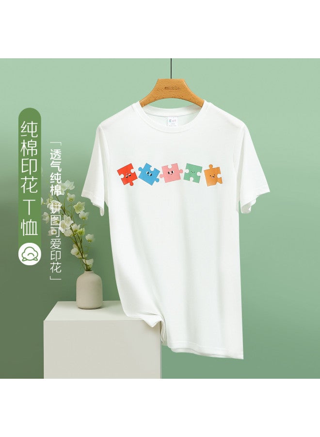 Red Bean تي شيرت قصير الأكمام من القطن الخالص للنساء، قمة مطبوعة لصيف، تي شيرت دائري العنق للتكديس - Image 2