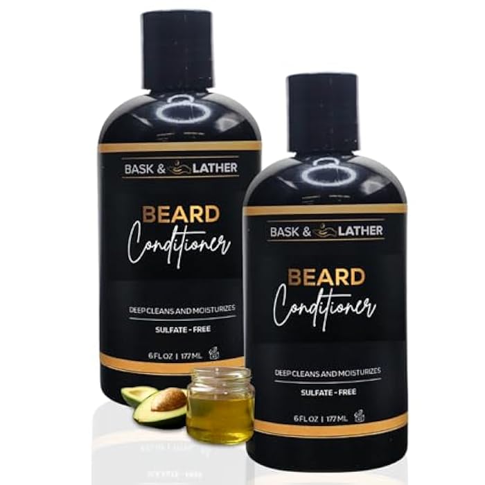 BASK & LATHER Beard Conditioner for Men: Coconut Oil, Shea Butter, Beard Softener, Deep Cleans, Hydrates, Sulfate-Free, All Hair Types, 6 fl oz, 2 PK.