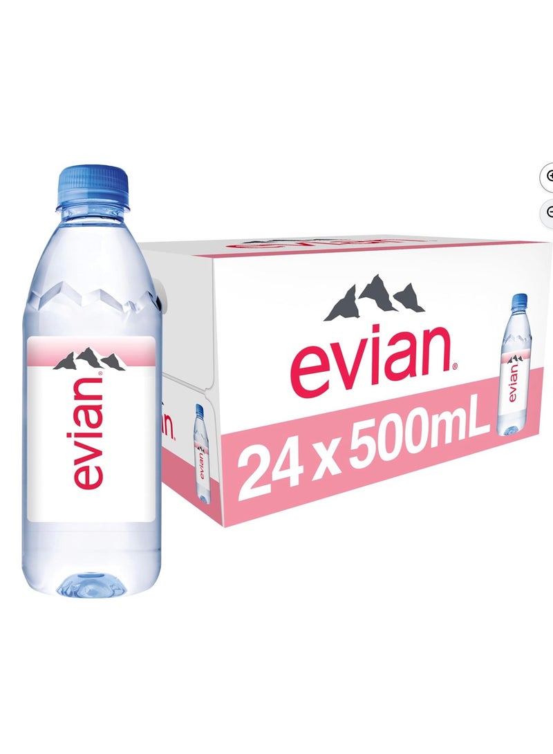 Evian Natural Mineral Water, Sourced from French Alps, 24 x 500ml Bottles Pack of 24