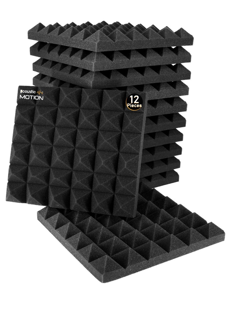 Acoustic Motion acoustic Foam Panels-Sound Proof PYRAMIDS design Panel With Self-Adhesive Set Of 12 5X30X30Cm Dark Grey Stylish Acoustic Panels Basic For studio,recording,home,office,Acoustic Room Treatment - Image 1