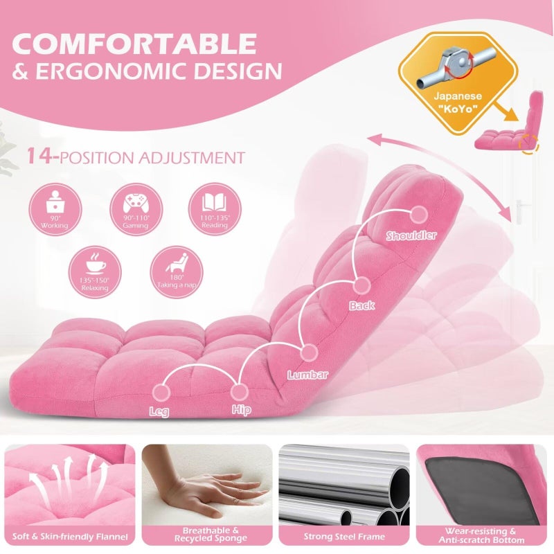 Avocahom Folding Floor Gaming Chair 14-Poistion Cushioned Adjustable Floor Lazy Sofa Chair w/Breathable Cotton & Skin-Friendly Coral Velve for Adults & Kids Perfect for Reading Gaming Meditating, Pink - Image 4