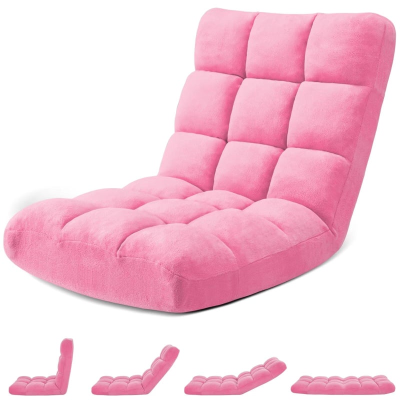 Avocahom Folding Floor Gaming Chair 14-Poistion Cushioned Adjustable Floor Lazy Sofa Chair w/Breathable Cotton & Skin-Friendly Coral Velve for Adults & Kids Perfect for Reading Gaming Meditating, Pink - Image 1